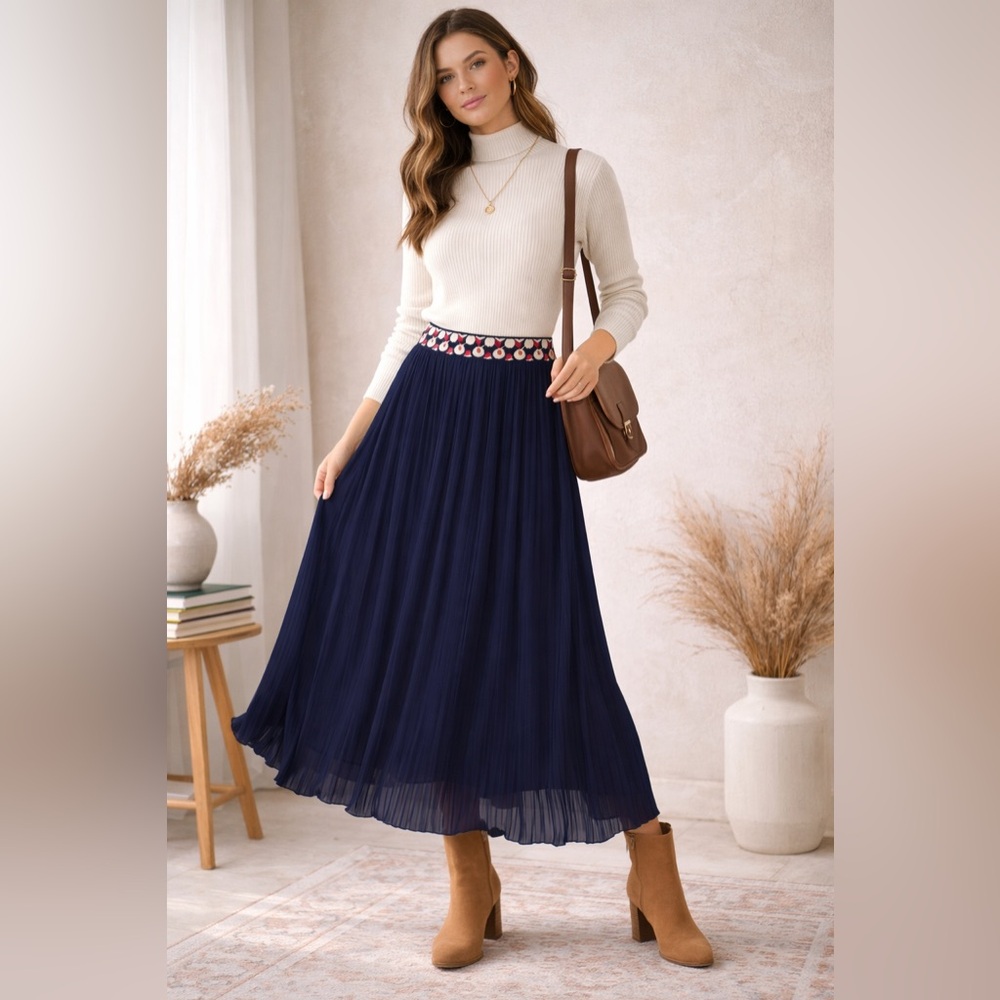 Anthropologie Dear Creatures Pleated Midi Skirt Navy Red White Pattern Waist M